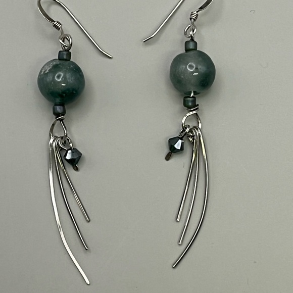 Handmade Jewelry - Modern Sterling Silver and Green Moss Agate Gem Earrings